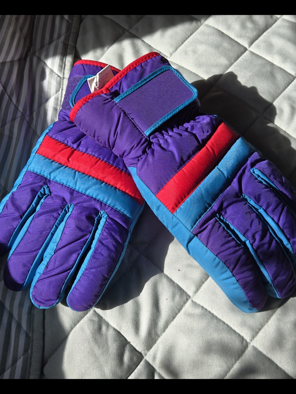 Colorblock Purple Winter Ski Gloves with Bright Blue & Red Accents